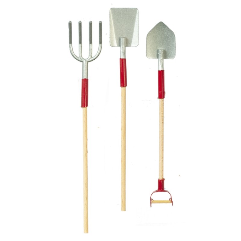 Dolls House Garden Tools Fork & Spades Red Miniature Accessory Set 