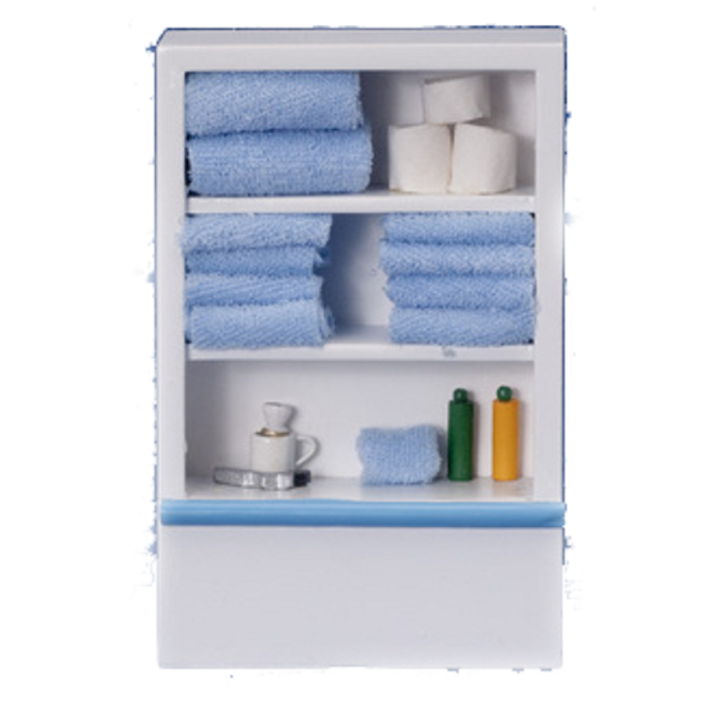 Dolls House White Bathroom Shelf Unit & Blue Accessories Miniature Furniture