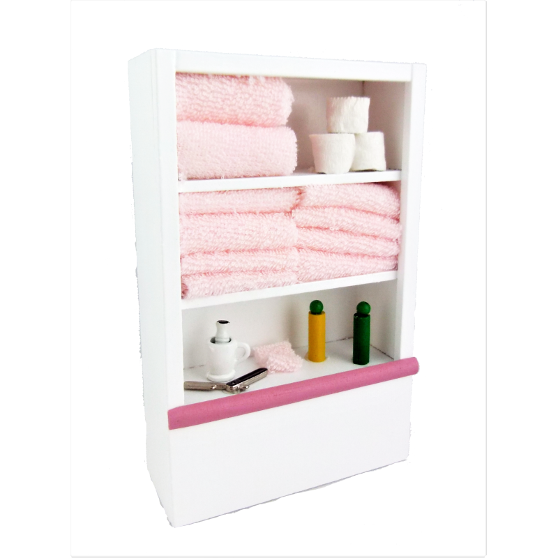 Dolls House White Shelf Unit & Pink Accessories Miniature Bathroom Furniture
