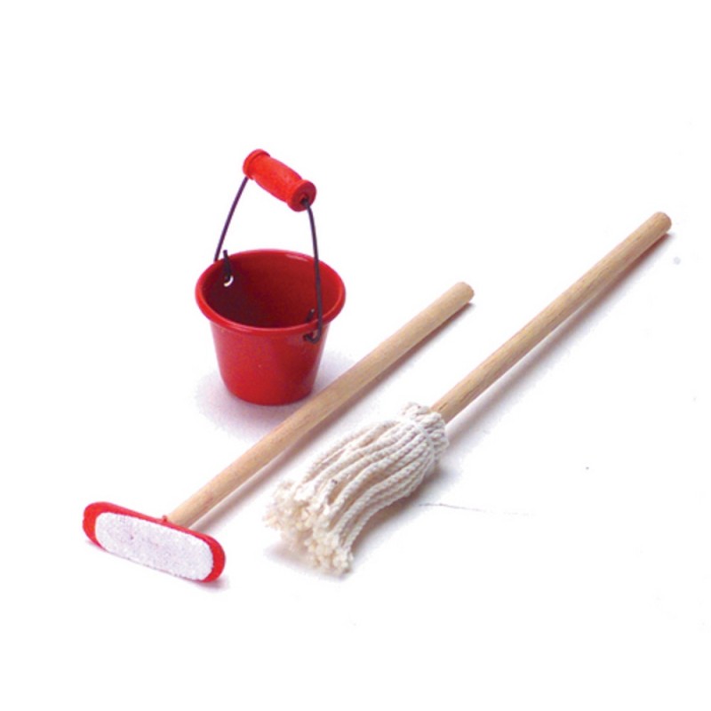 Dolls House Miniature 1:12 Scale Kitchen Cleaning Accessory Bucket Mop & Broom