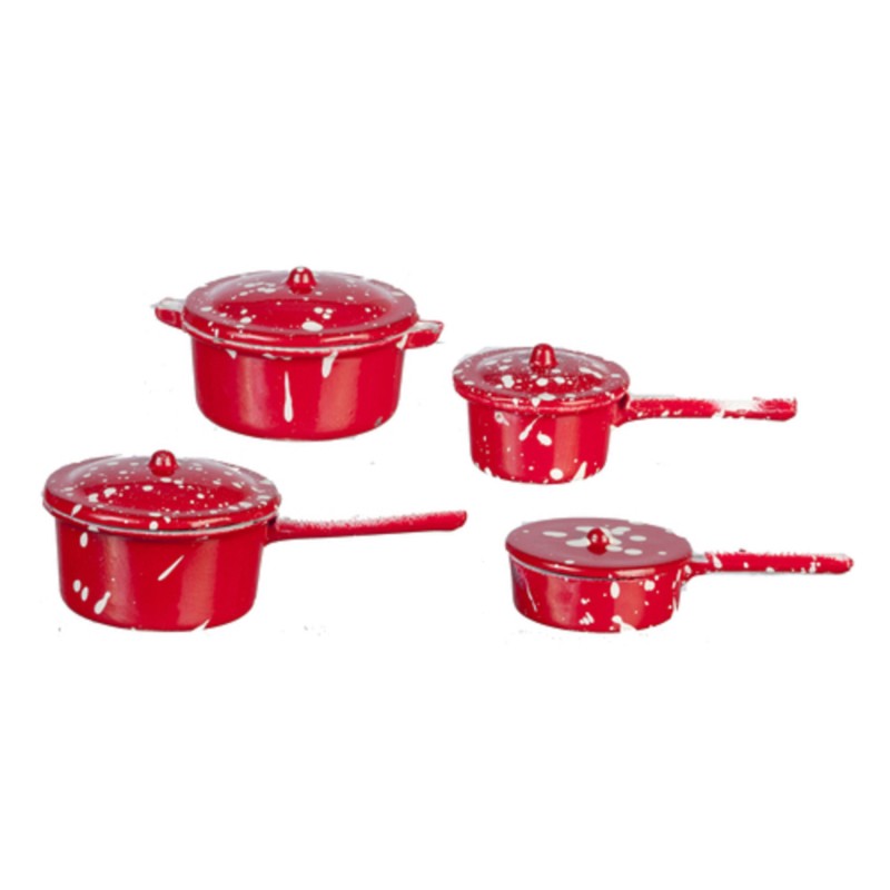 Dolls House Red Spotted Saucepan Pan Set Miniature Metal Kitchen