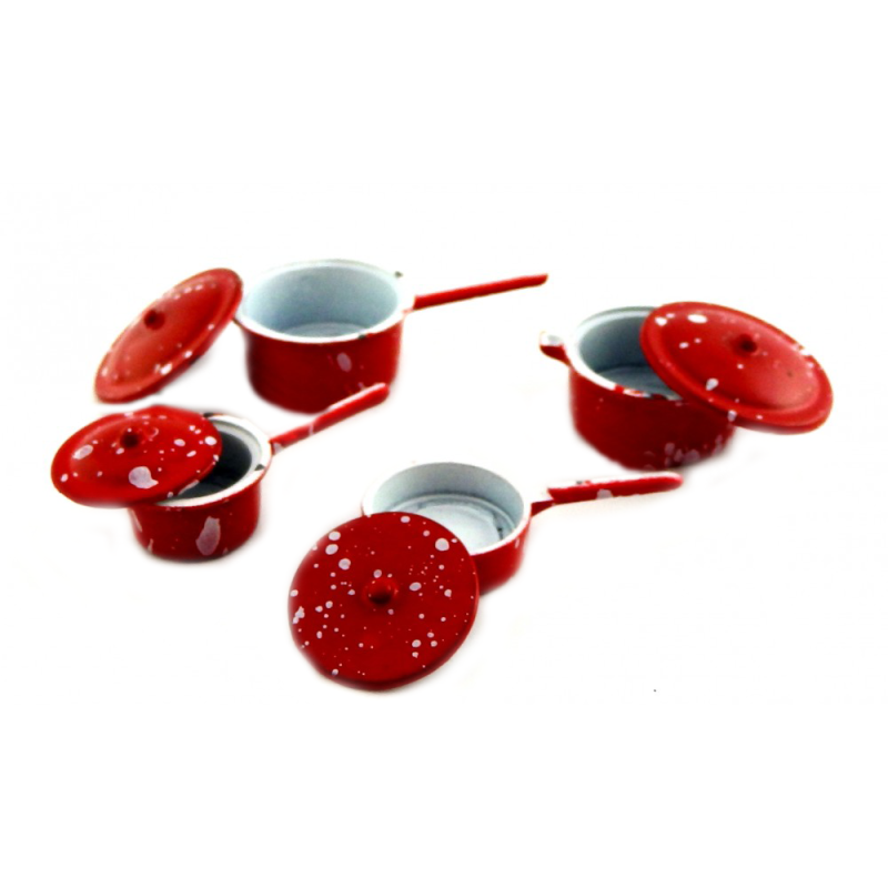 Dolls House Red Spotted Saucepan Pan Set Miniature Metal Kitchen