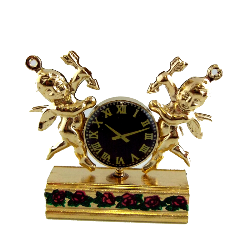 Dolls House Gold Twin Cherub Clock Miniature Mantlepiece Ornament 1:12 Scale