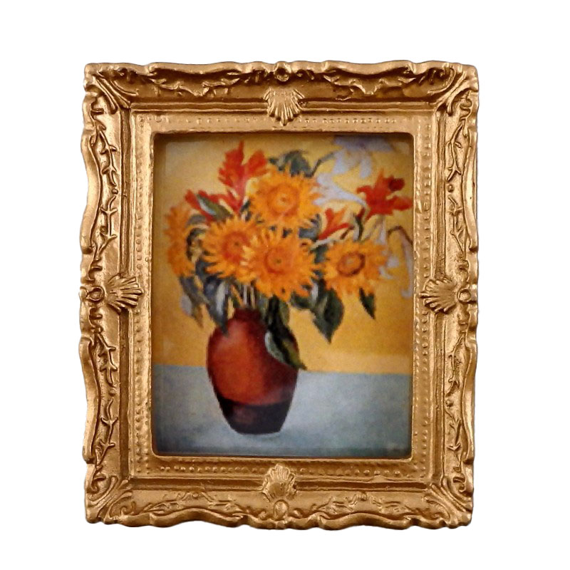 Dolls House Vase of Sunflowers Picture Painting Gold Frame Miniature Accessory