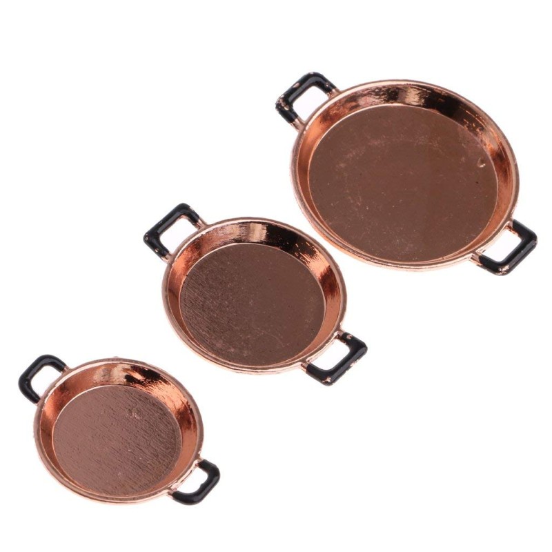 Dolls House Miniature Kitchen Accessory Set of 3 Copper 2 Handled Frying Pans