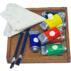 Dolls House Paint Set in Wooden Tray Miniature Study Hobby Accessory 1:12 Scale