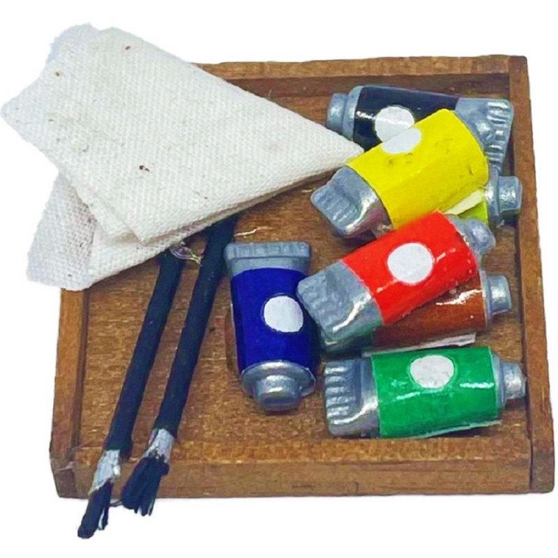 Dolls House Paint Set in Wooden Tray Miniature Study Hobby Accessory 1:12 Scale