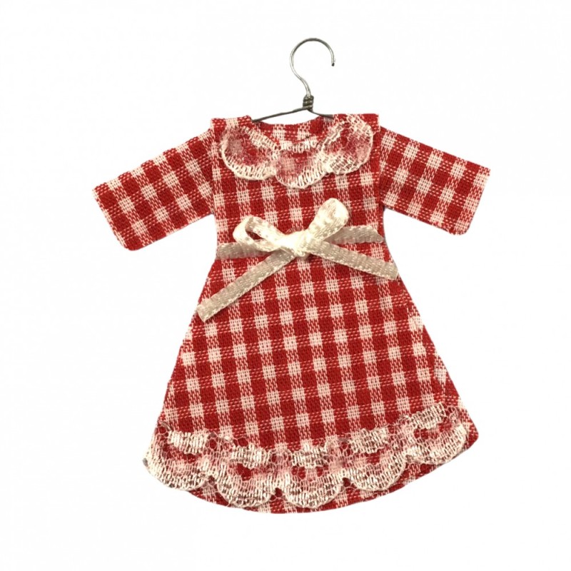 Dolls House Red Gingham Dress on Hanger Miniature Girls Shop Nursery Accessory 