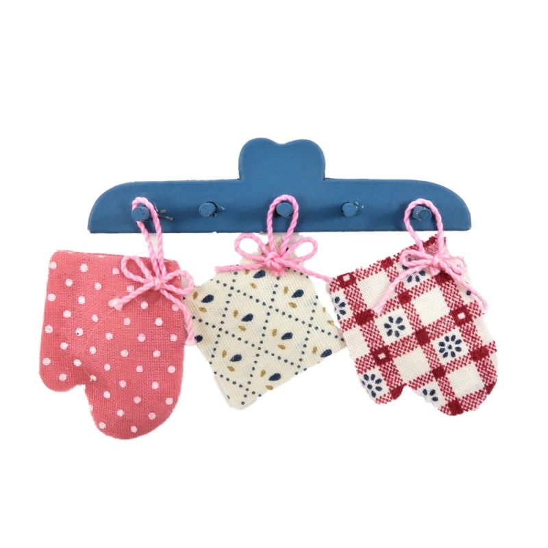 Dolls House Blue Wall Rack with Hanging Oven Gloves & Cloth Kitchen Accessory