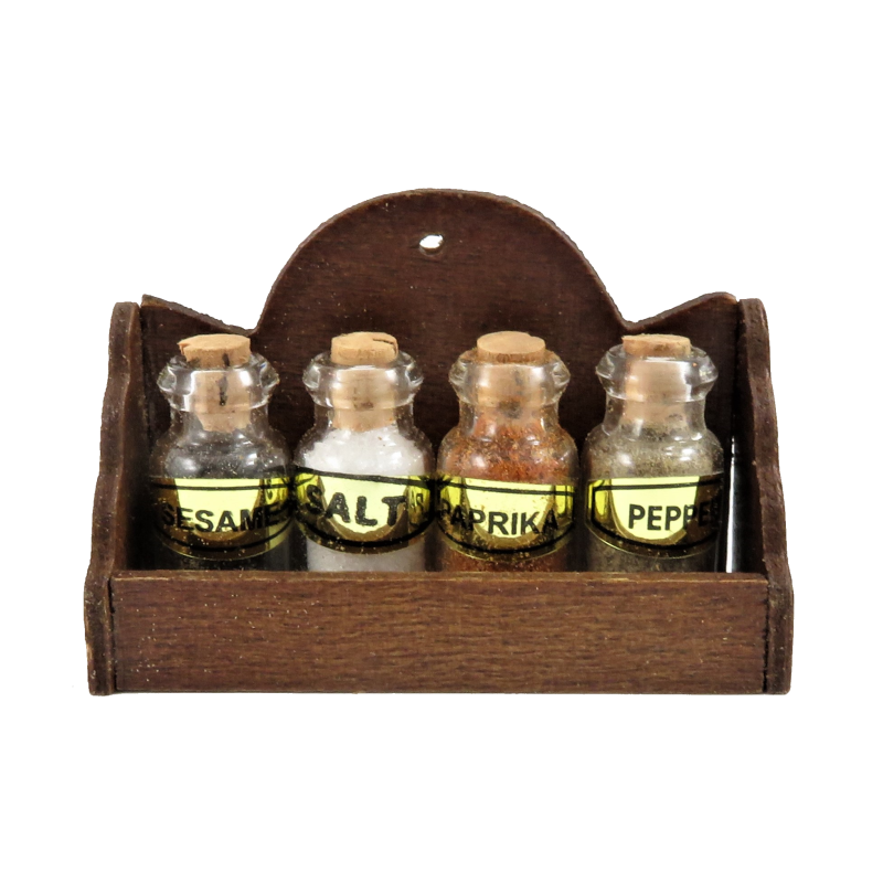 Dolls House Wooden Wall Shelf with 4 Spice Jars Miniature 1:12 Kitchen Accessory