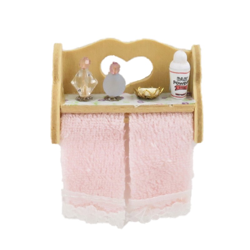 Dolls House Bare Wood Wall Shelf with Bathroom Accessories & Towel Rail Pink