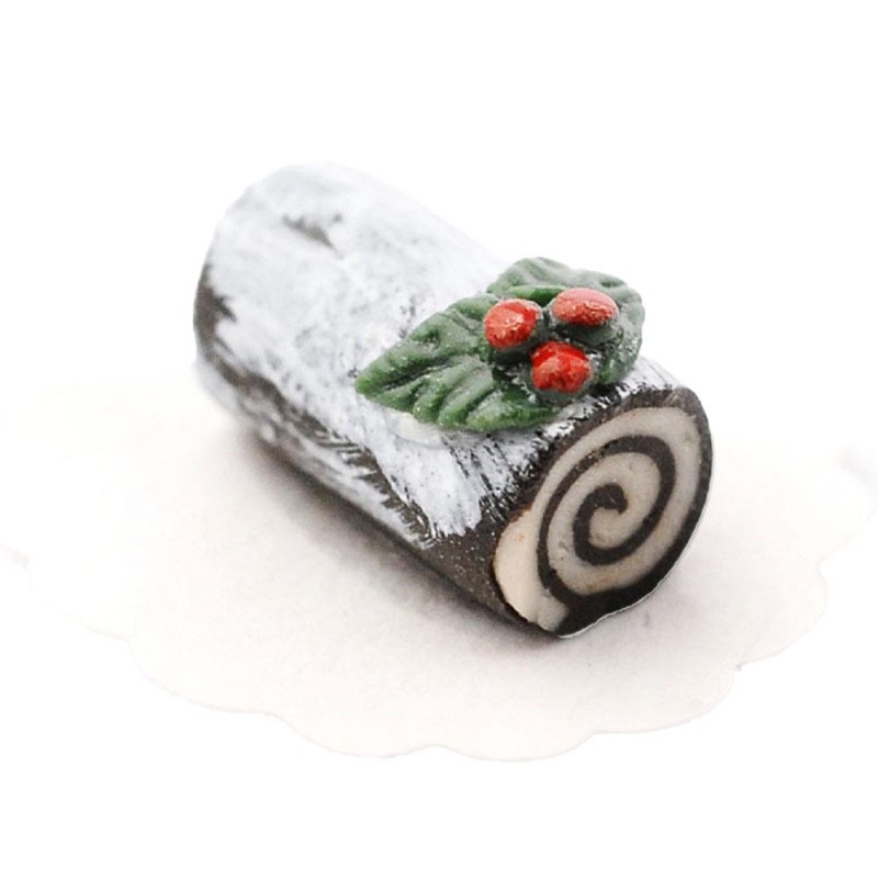 Dolls House Chocolate Yule Log on Doily Miniature Food Cake Christmas Accessory