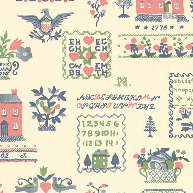 Dolls House Sampler Pink Green Miniature Print Wallpaper 3 Sheets