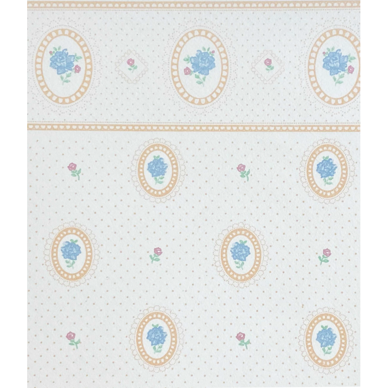 Dolls House Cameo Peach with Blue Roses Miniature Print 1:12 Wallpaper 3 Sheets