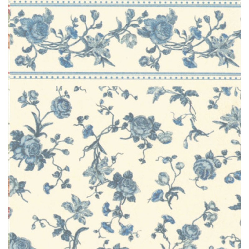 Dolls House Raffina Blue Rose Miniature Print 1:12 Scale Wallpaper 3 Sheets