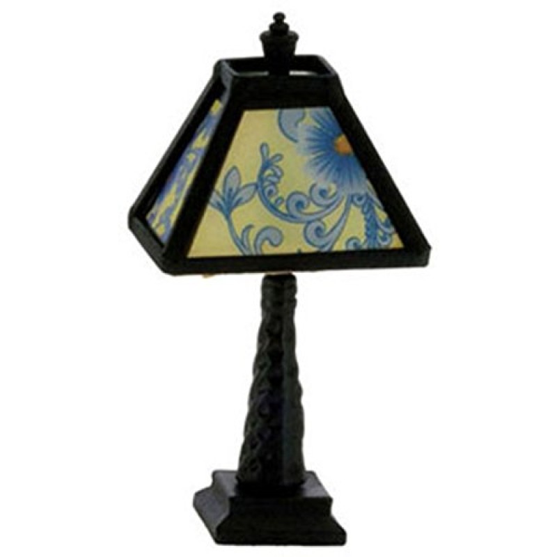 Dolls House Black Table Lamp Blue Patterned Shade 12V Electric Lighting 