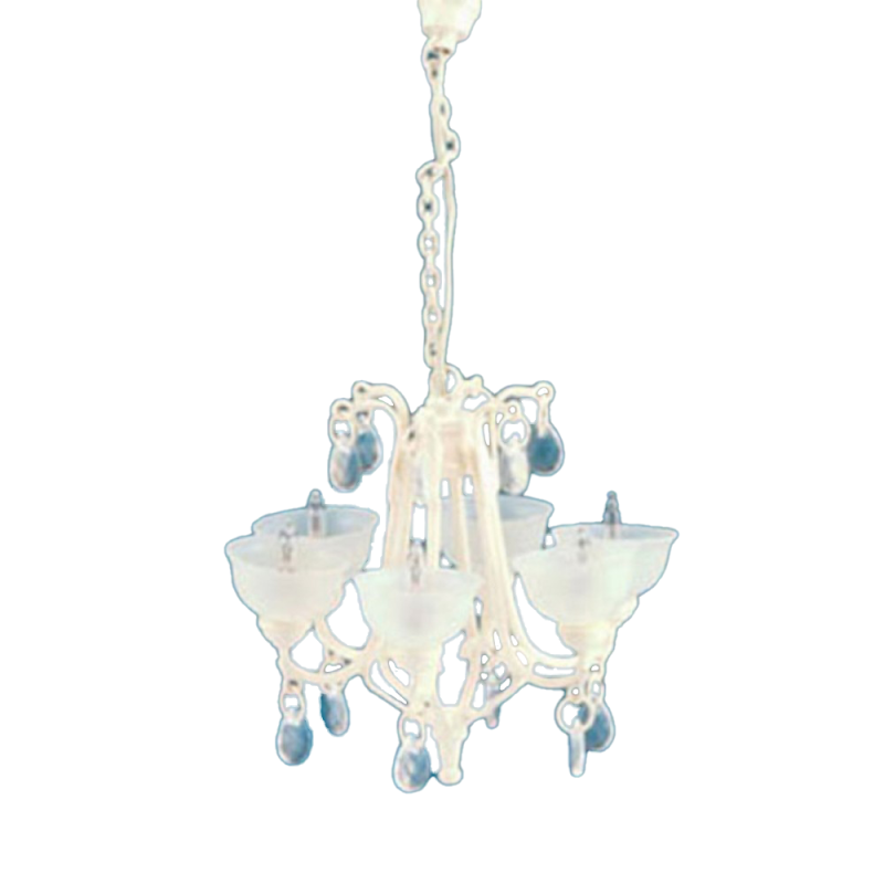 Dolls House White 6 Arm Crystal Drop Chandelier Frosted Shade 12V Electric Light