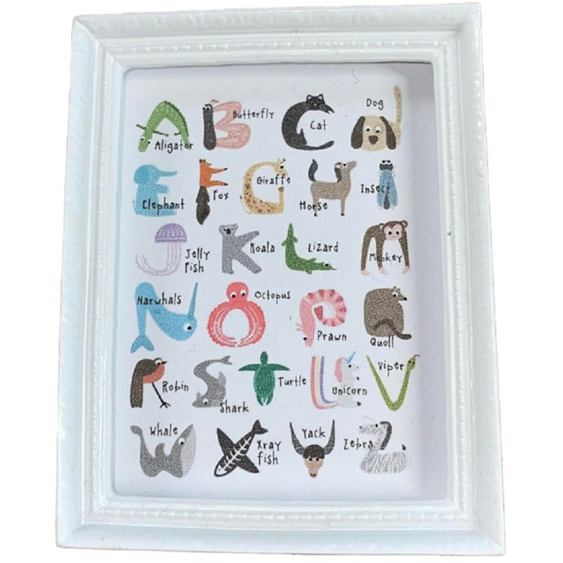 Dolls House Animal Alphabet Picture in White Frame Miniature Nursery Accessory