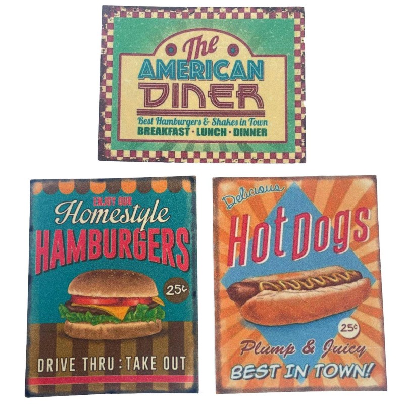 Dolls House Set of 3 Retro Poster Signs Miniature Diner Café Accessory 1:12