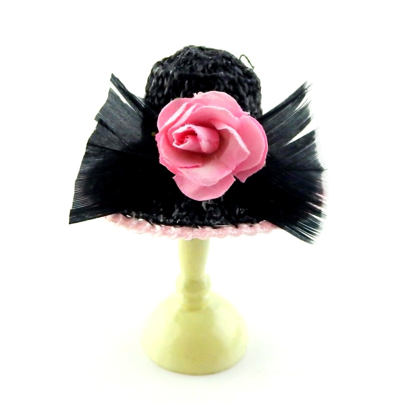 Dolls House Ladies Black Hat Feather Pink Edging & Rose Millinery Shop Accessory