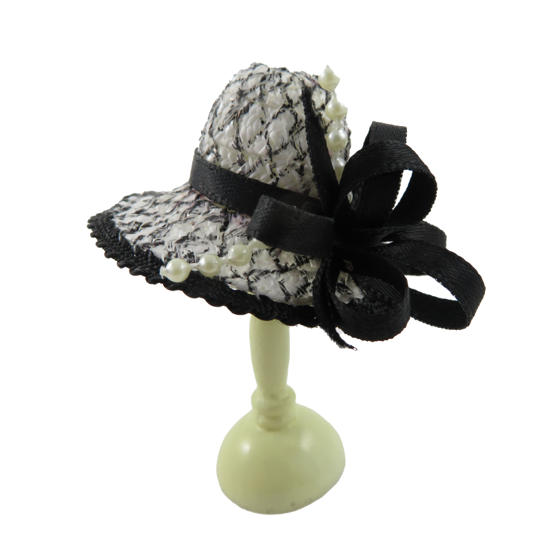Dolls House Ladies Black White Hat w Ribbon Miniature Millinery Shop Accessory