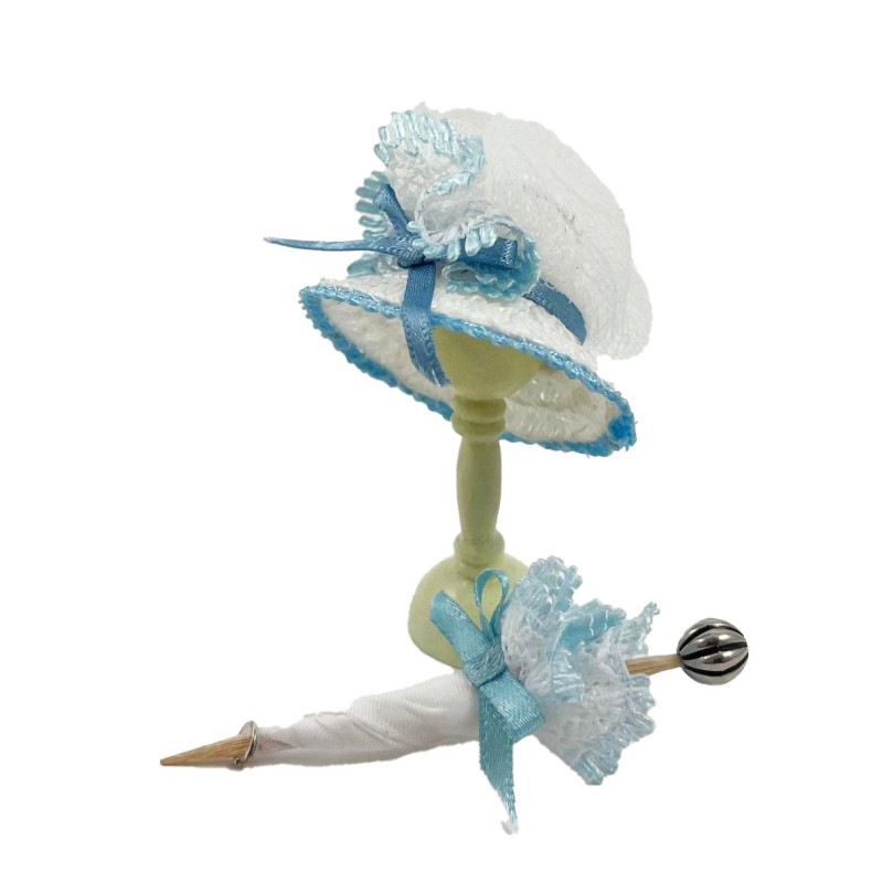 Dolls House Blue & White Lady's Hat with Ribbon Parasol Shop Victorian Accessory