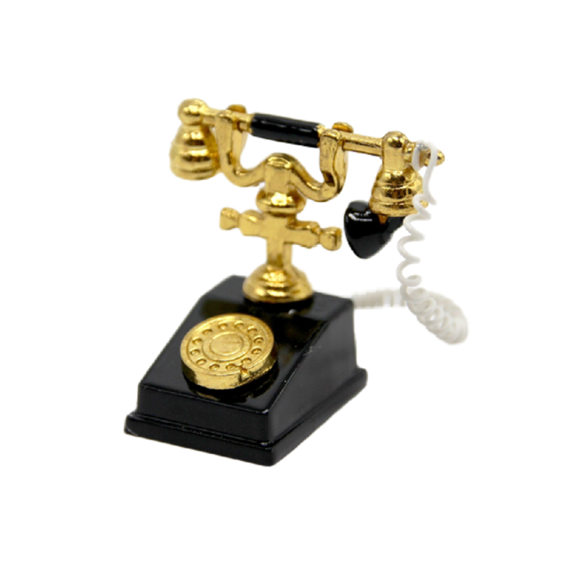 Dolls House Classic Black & Gold 1950 60's Fancy Telephone Miniature Accessory 