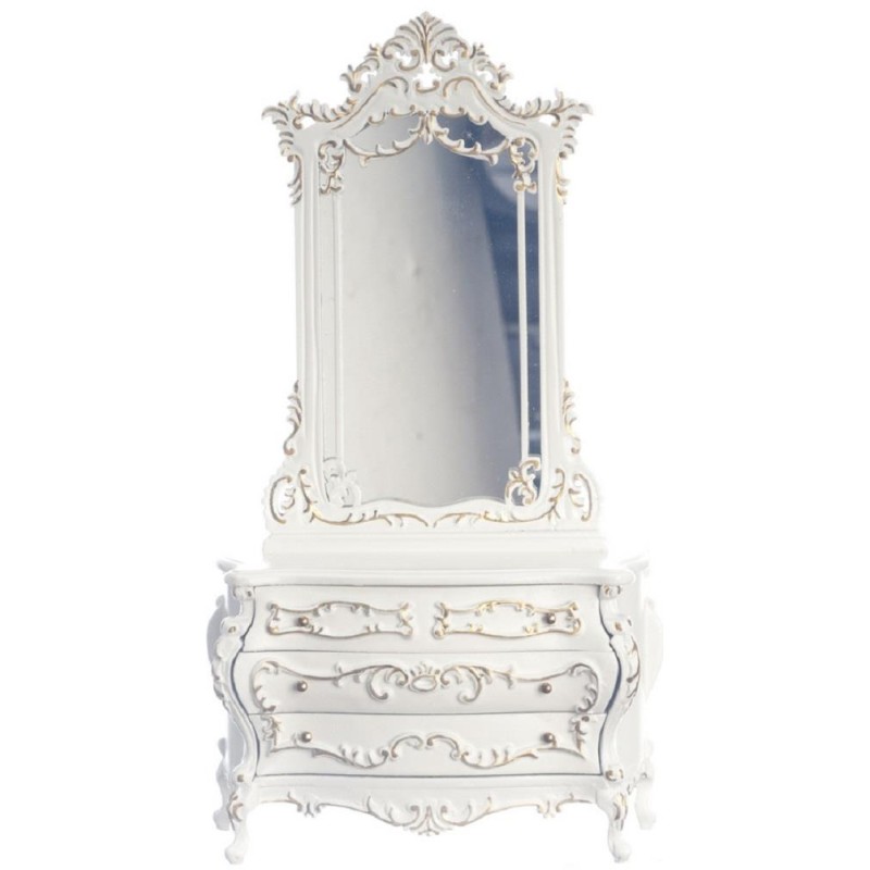 Dolls House White Bourbon Dressing Table & Mirror Platinum Bedroom Furniture