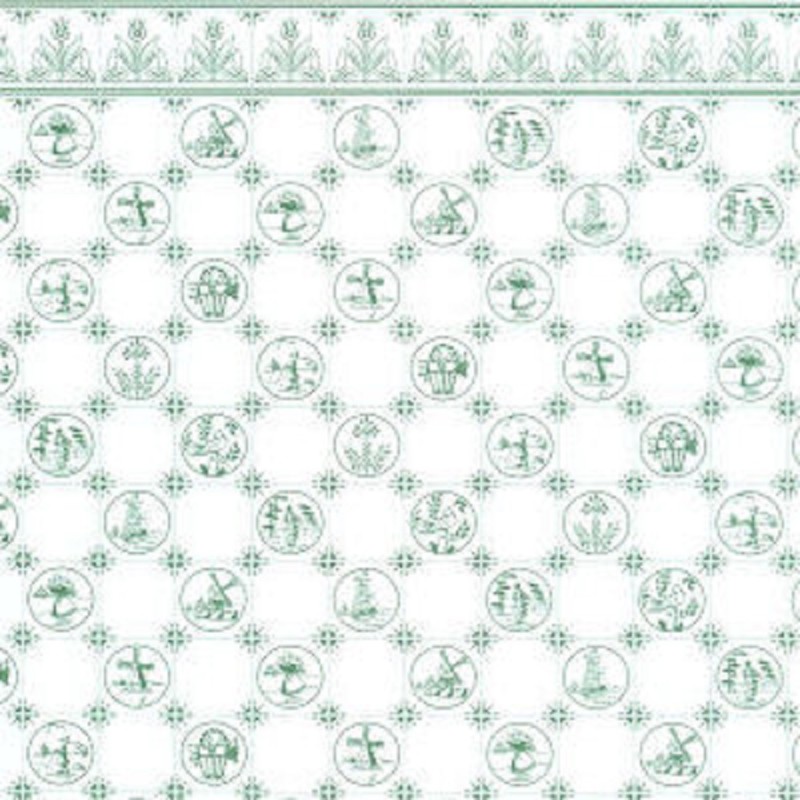 Dolls House Green & White Dutch Tile Effect Miniature Print Kitchen Wallpaper Dolls House Green & White Dutch Tile Effect Miniature Print Kitchen Wallpaper
