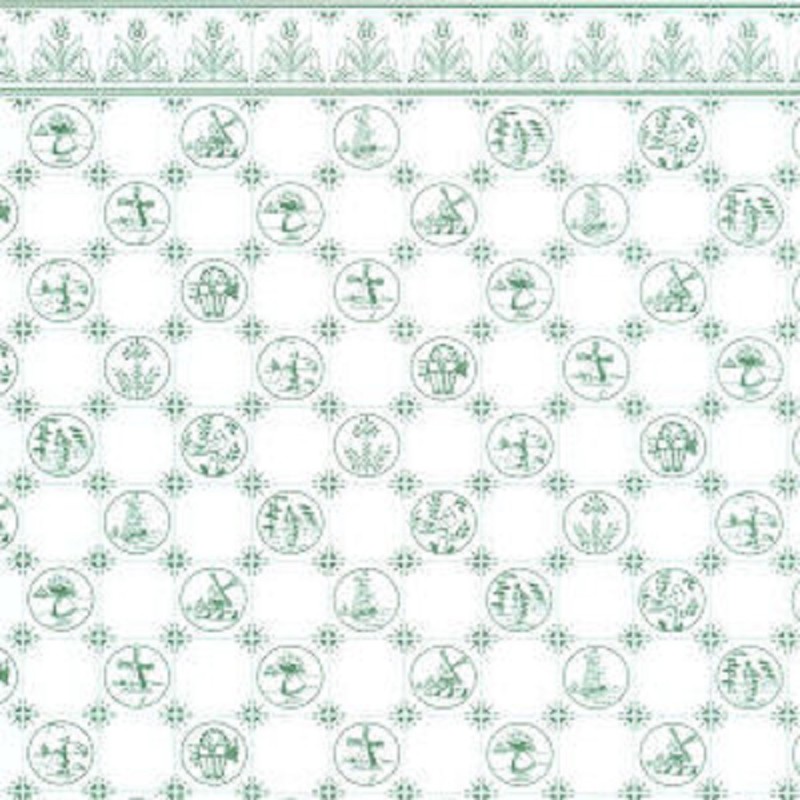 Dolls House Green & White Dutch Tile Effect Miniature Print Kitchen Wallpaper