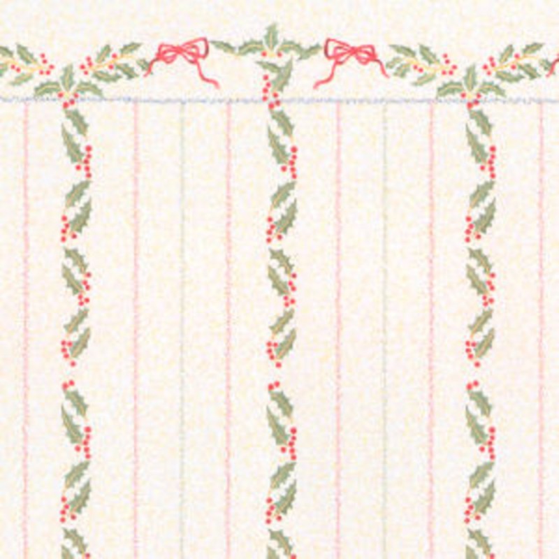 Dolls House Miniature Print Christmas Holly Berries Stripe Wallpaper