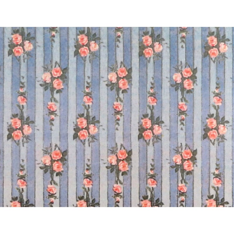 Dolls House Miniature Print 1:12 Pink Rose on Blue Stripe Wallpaper