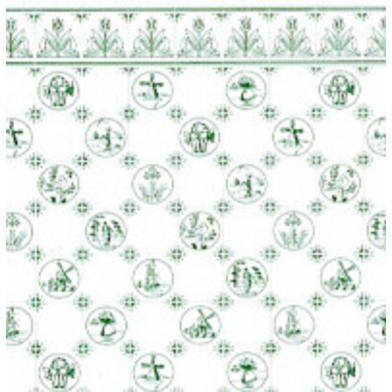 Dolls House Green White Delft Dutch Tile Miniature 1:24 Wallpaper