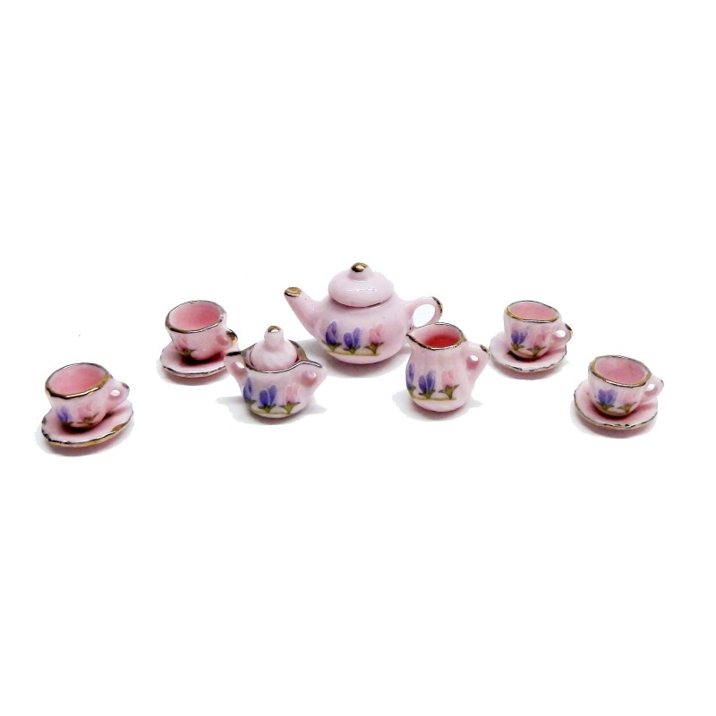 Dolls House Pink Hyacinth Porcelain English Tea Set Gold Edging Dining Accessory