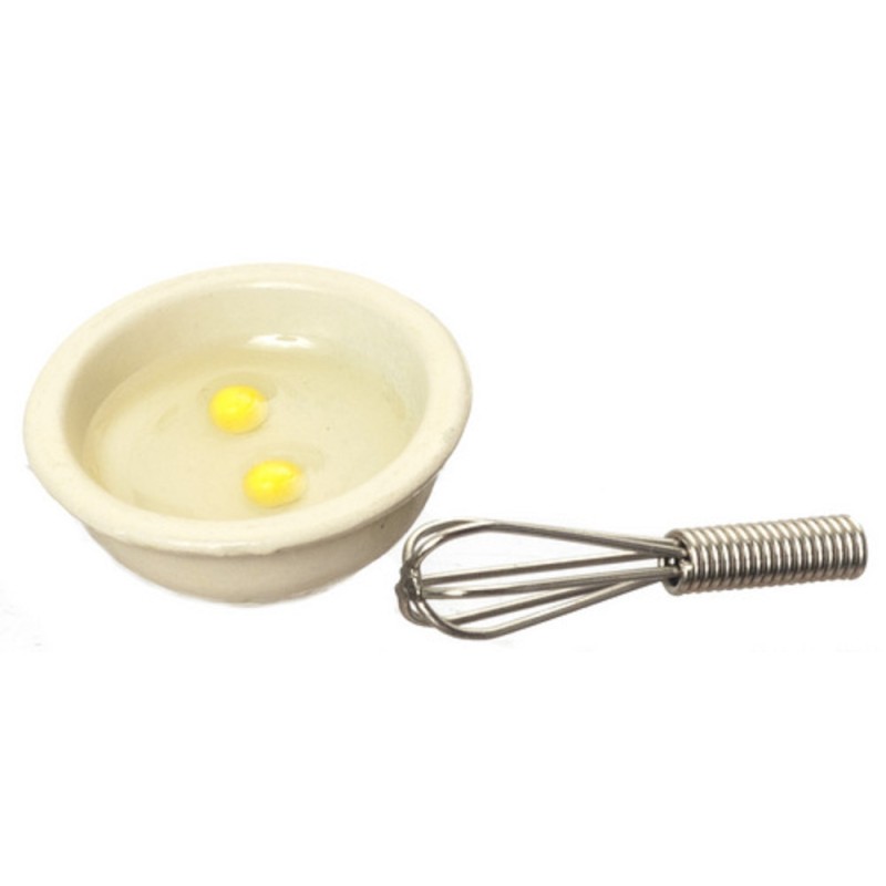 Dolls House Bowl of Cracked Eggs & Whisk Miniature 1:12  Kitchen Accessory 