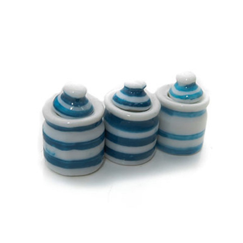 Dolls House Blue & White Stripe Canister Set Storage Jars Kitchen Accessory