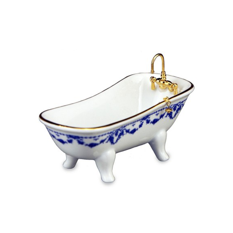 Dolls House Blue Bow Porcelain Bath Tub Miniature Reutter Bathroom Furniture