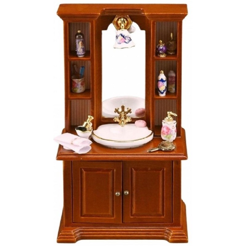 Dolls House Walnut Cabinet with Sink & Accessories Reutter Bathroom Furniture 1:12 Dolls House Walnut Cabinet with Sink & Accessories Reutter Bathroom Furniture 1:12