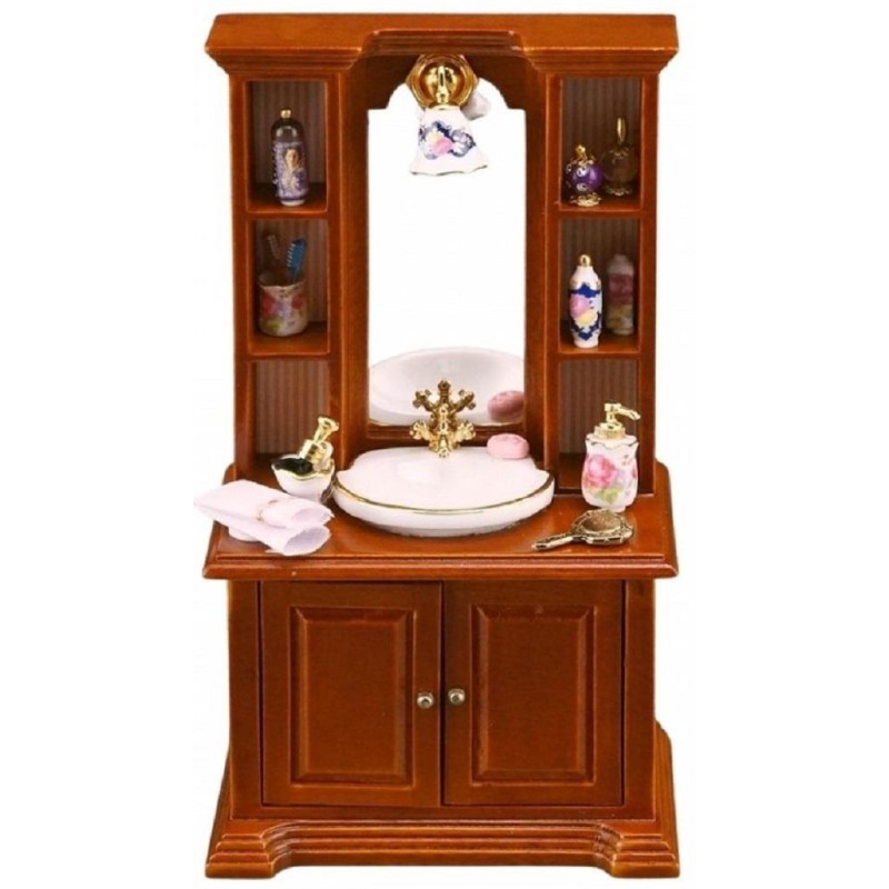 Dolls House Walnut Cabinet with Sink & Accessories Reutter Bathroom Furniture 1:12