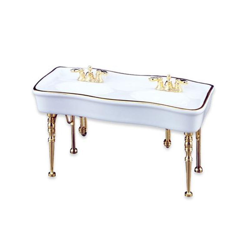 Dolls House White & Gold Porcelain Double Sink Reutter Bathroom Furniture 1:12