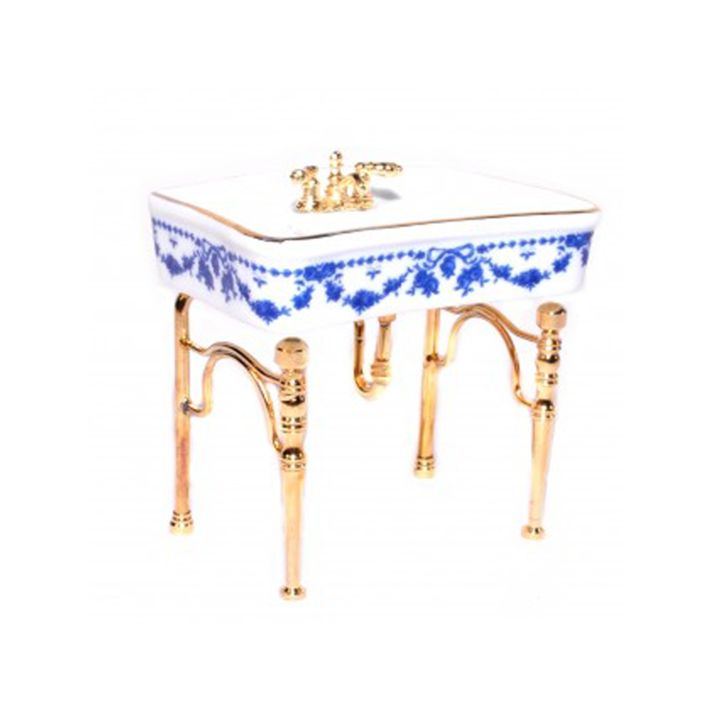 Dolls House Blue Bow Single Sink with Gold Legs Reutter Bathroom Furniture 1:12