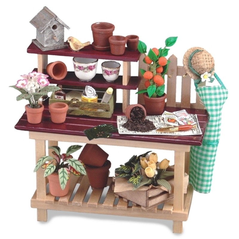 Dolls House Potting Bench with Flowers Plant Pots Tools & Accessories Reutter