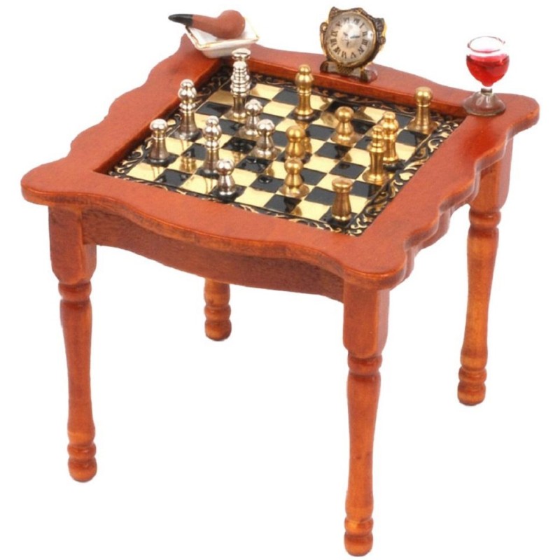 Dolls House Walnut Chess Table & Accessories Miniature Reutter Study Furniture