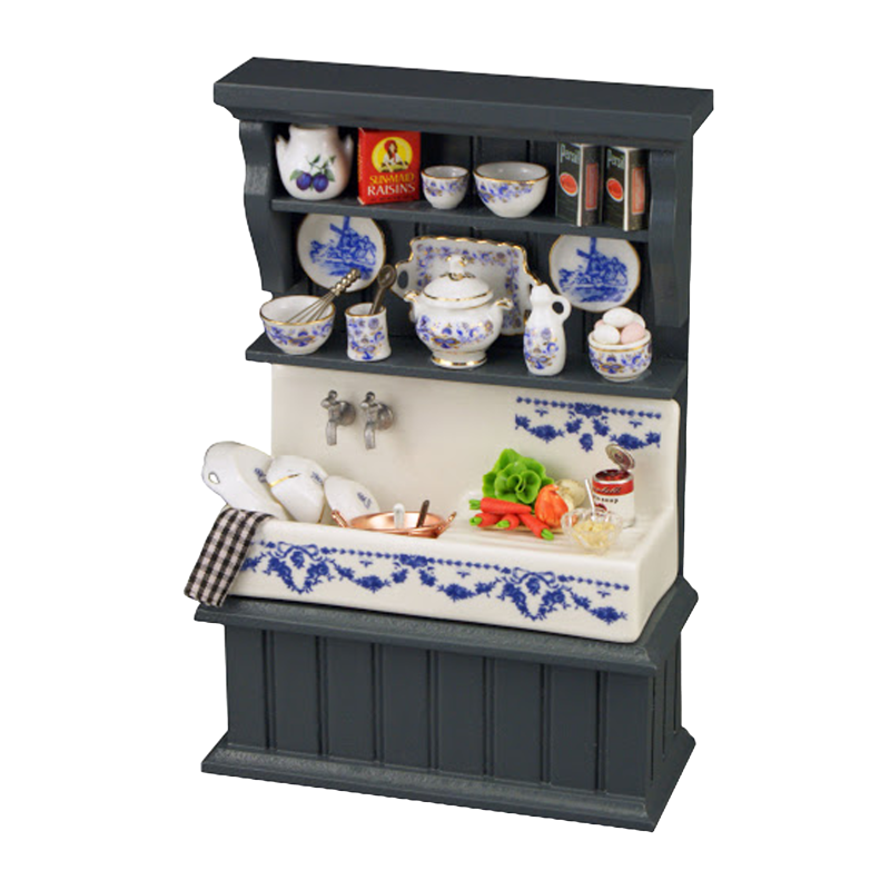 Dolls House Blue Decorated Kitchen Sink Unit Cabinet Reutter Furniture 1:12