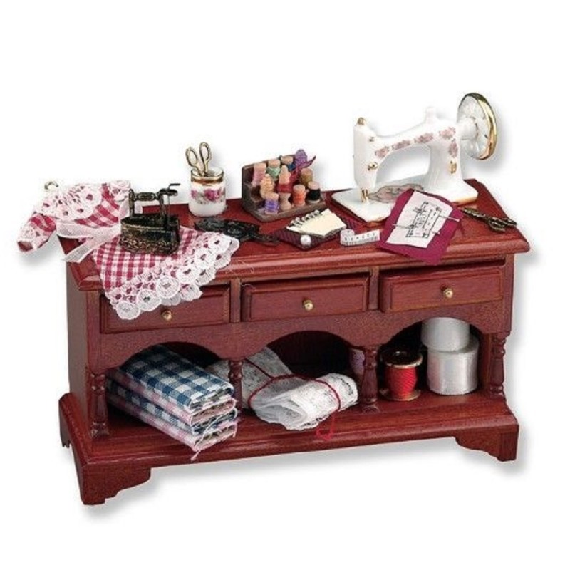 Dolls House Walnut Sewing Table & Accessories Reutter Porcelain Furniture