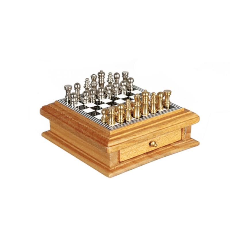 Dolls House Chess Set with Light Oak Storage Drawer Miniature Study