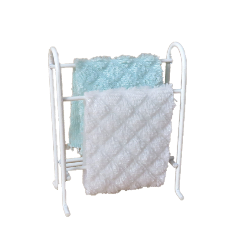 Dolls House White Wire Towel Rail Rack & Aqua and White Towels Bathroom Furniture