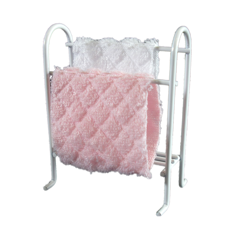 Dolls House White Wire Towel Rail Rack & Pink and White Towels Bathroom Furniture