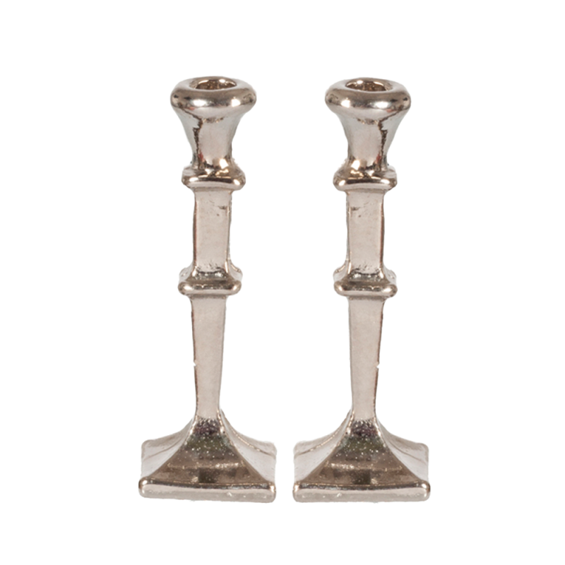 Dolls House 2 Silver Candlesticks Square Base Miniature Dining Room Accessory