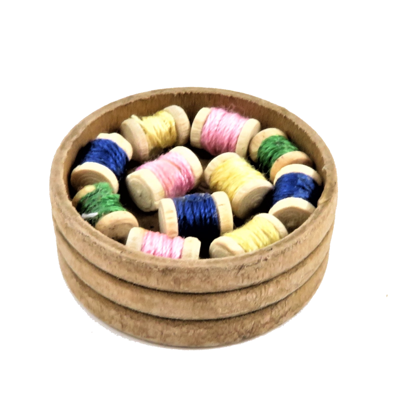Dolls House Wooden Bowl of Cotton Reels Haberdashery Sewing Shop Accessory